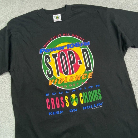 Vintage CROSS COLOURS Shirt XL Black‎ Stop D Violence Power 106 1990s Rapper USA - Picture 1 of 15